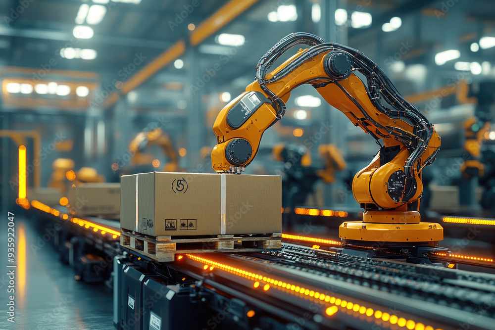 Yellow robotic arms move cardboard boxes on a conveyor belt of a delivery service, packing goods in a factory. The image evokes concepts such as automation, industry and logistics. Yellow robotic arms move cardboard boxes on a conveyor belt of a delivery service, packing goods in a factory. The image evokes concepts such as automation, industry and logistics.