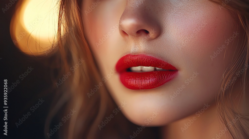 Close-up of a woman's lips showcasing vibrant red lipstick against a blurred background. A striking detail in beauty photography. Close-up of a woman's lips showcasing vibrant red lipstick against a blurred background. A striking detail in beauty photography.