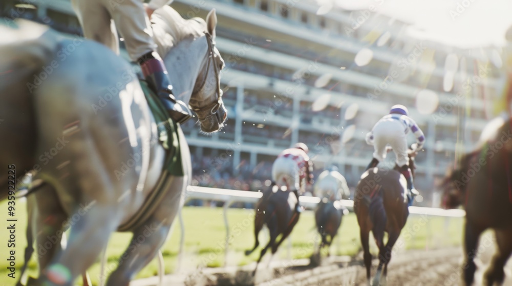 Horses and jockeys race forward at full speed, capturing the thrill and action of a competitive horse race against a bright, sunny backdrop. Horses and jockeys race forward at full speed, capturing the thrill and action of a competitive horse race against a bright, sunny backdrop.