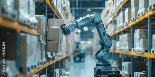 White robotic arm is lifting a package from a shelf full of cardboard boxes in a large warehouse. The robot is working autonomously in a fully automated storage facility