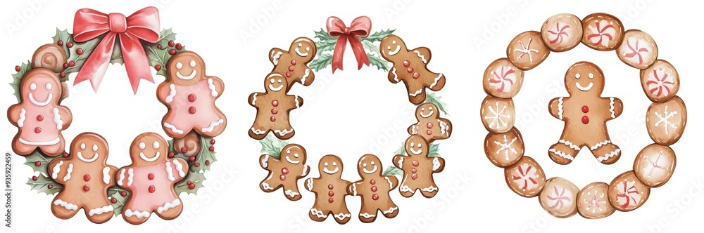 A delightful collection of gingerbread cookie wreaths, perfect for holiday decorations or festive baking inspirations. A delightful collection of gingerbread cookie wreaths, perfect for holiday decorations or festive baking inspirations.