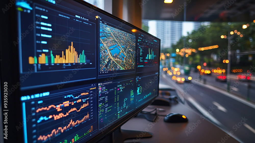 Fototapeta premium A bustling urban skyline reflects innovation as data analytics visualize trends during twilight in a modern office space