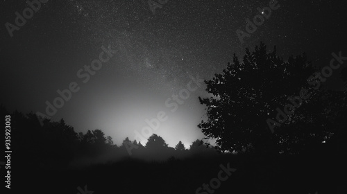 monochrome of starry sky and silhouette of trees at night