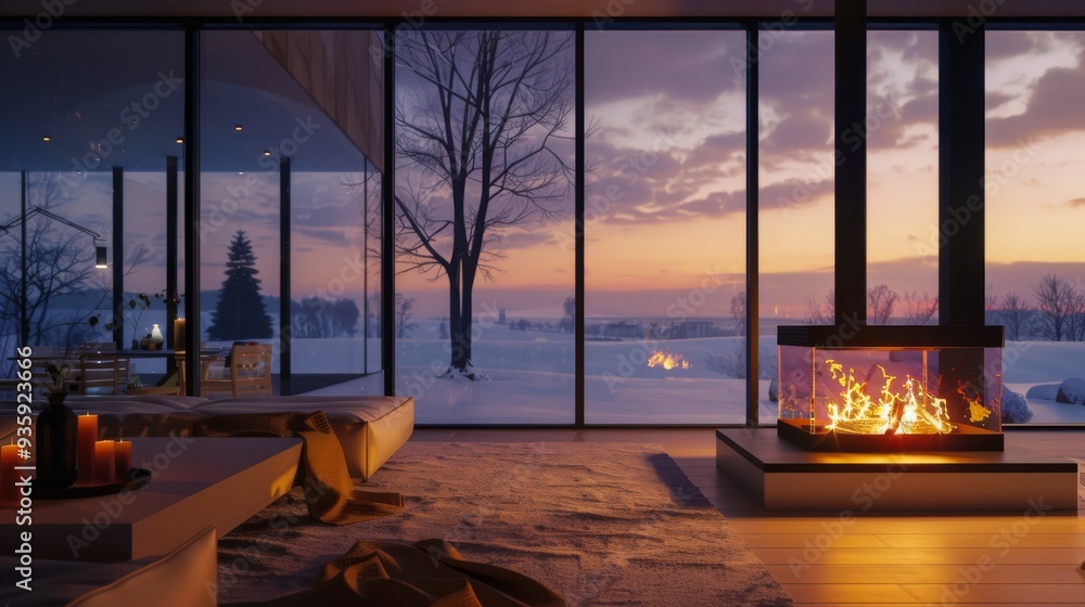 Fototapeta premium Modern living room with an expansive view of the snowy landscape, featuring a lit fireplace and large glass windows offering a cozy ambiance at sunset.