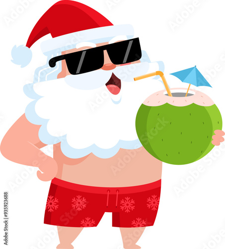 Summer Santa Claus Cartoon Character Drinking Coconut Cocktail On The Beach. Vector Illustration Flat Design Isolated On Transparent Background