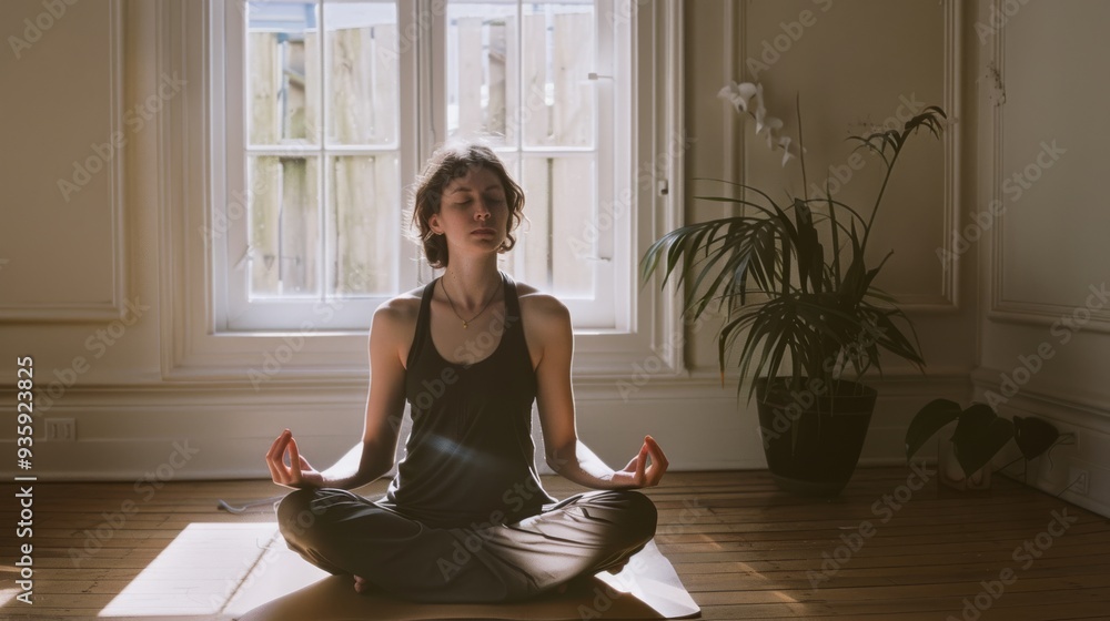 A woman meditates peacefully in a sunlit room, cultivating her inner zen surrounded by tranquility and greenery. A woman meditates peacefully in a sunlit room, cultivating her inner zen surrounded by tranquility and greenery.