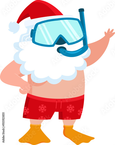 Summer Santa Claus Cartoon Character With A Snorkel And Mask Waving From The Beach. Vector Illustration Flat Design Isolated On Transparent Background