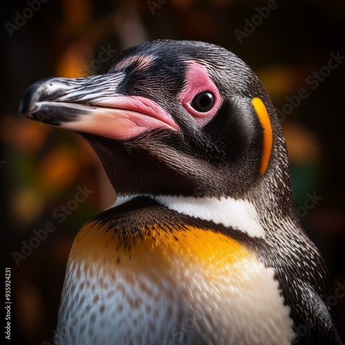 Ein hyperrealistisch aussehender Pinguin mit präzisen Details in seinem schwarz-weißen Gefieder, hellen und ausdrucksstarken Augen und einem scharfen Schnabel