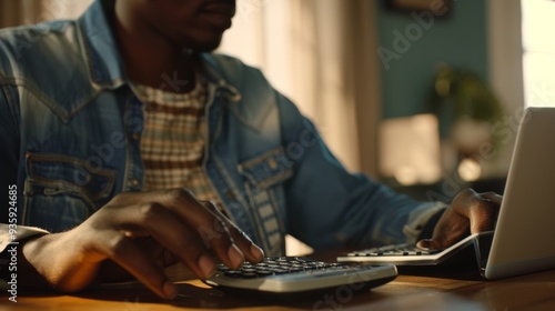 A man in a denim jacket concentrates as he uses a calculator and a laptop, indicative of focused work or financial calculations.