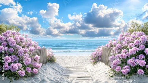 A tranquil pathway of wooden planks leads through lush dunes and vibrant pink roses to the calm ocean, with a clear sky and soft white clouds overhead photo