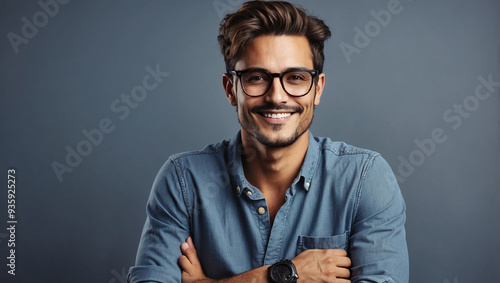 Portrait of happy fashionable handsome man in jeans shirt photo