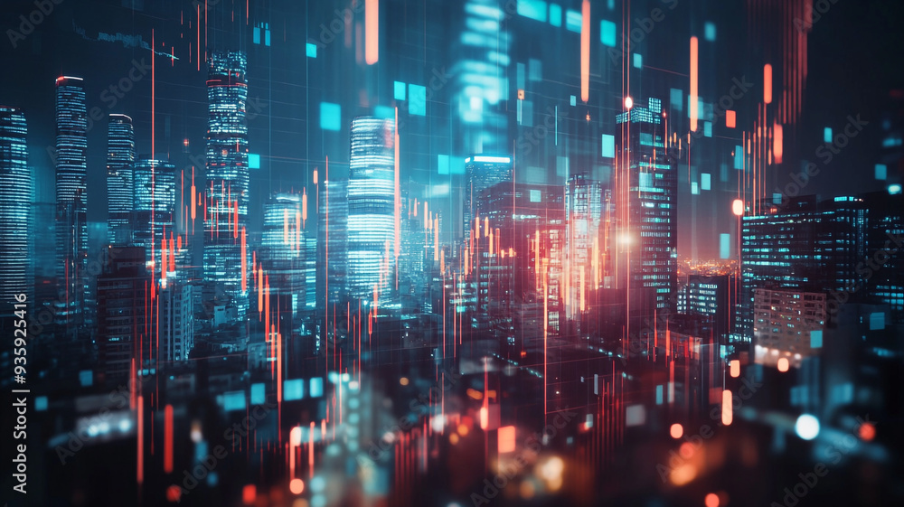 A vibrant city skyline illuminated at night with data visualizations overlaying modern skyscrapers, creating a digital dreamscape A vibrant city skyline illuminated at night with data visualizations overlaying modern skyscrapers, creating a digital dreamscape