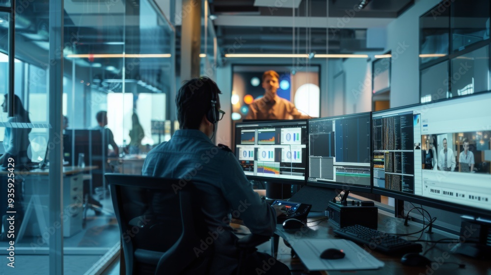 A focused professional works on multiple screens in a high-tech office, engaged in tasks that require precision and technical expertise, highlighting innovation and efficiency. A focused professional works on multiple screens in a high-tech office, engaged in tasks that require precision and technical expertise, highlighting innovation and efficiency.