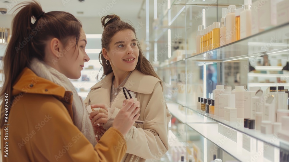 Obraz premium Two friends browse skincare products in a well-lit store, enjoying a day of shopping and exploring new beauty items.