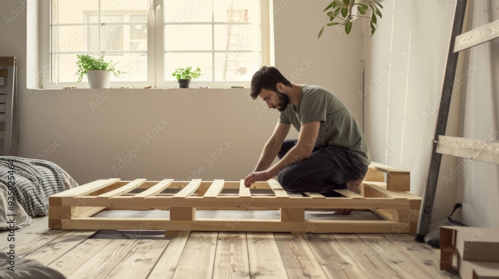 A man focuses on assembling a wooden bed frame in a bright, minimalist bedroom, with light streaming in through a nearby window. A man focuses on assembling a wooden bed frame in a bright, minimalist bedroom, with light streaming in through a nearby window.