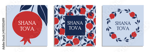 Jewish New Year card design set. Rosh Hashanah symbol pomegranate. Happy New Year. Vector illustration