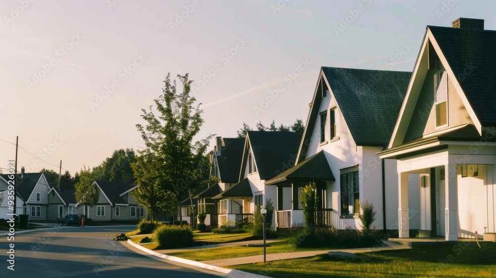 A row of charming suburban houses bathed in the warm glow of the setting sun, creating a picturesque and tranquil neighborhood scene. A row of charming suburban houses bathed in the warm glow of the setting sun, creating a picturesque and tranquil neighborhood scene.