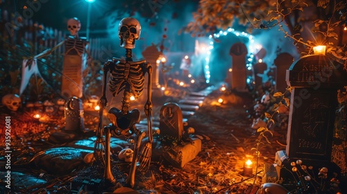 Skeleton yard with haunted ambiance and gravestones for Halloween decor