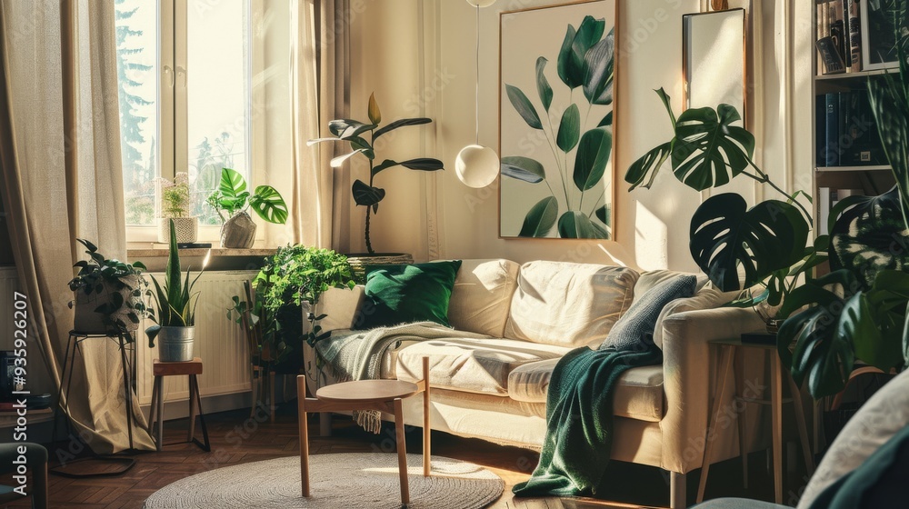 Fototapeta premium Cozy sunlit living room adorned with lush indoor plants and minimalist décor, evoking a sense of nature and tranquility.