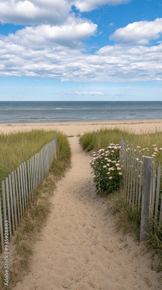 Obraz premium A tranquil pathway of wooden planks leads through lush dunes and vibrant pink roses to the calm ocean, with a clear sky and soft white clouds overhead