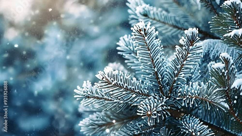 Frosty Spruce Branches. Outdoor frost scene. Snow winter background. Nature forest light landscape. Beautiful tree and sunrise sky. Sunny, snowy, scenic, snowfall. 4k video
