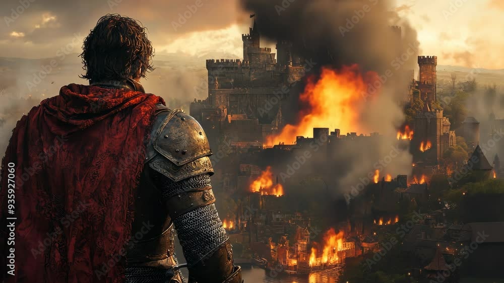 Knight stands watch over burning medieval castle at sunset
