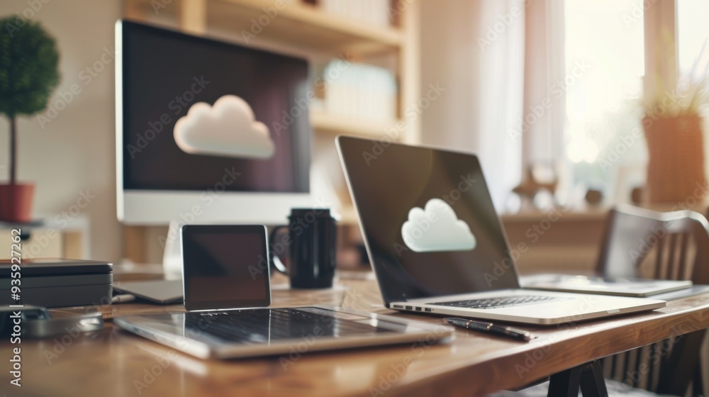 Home office setup exhibiting various devices, all focused on cloud-based applications, reflecting a well-organized and productive remote working environment. Home office setup exhibiting various devices, all focused on cloud-based applications, reflecting a well-organized and productive remote working environment.