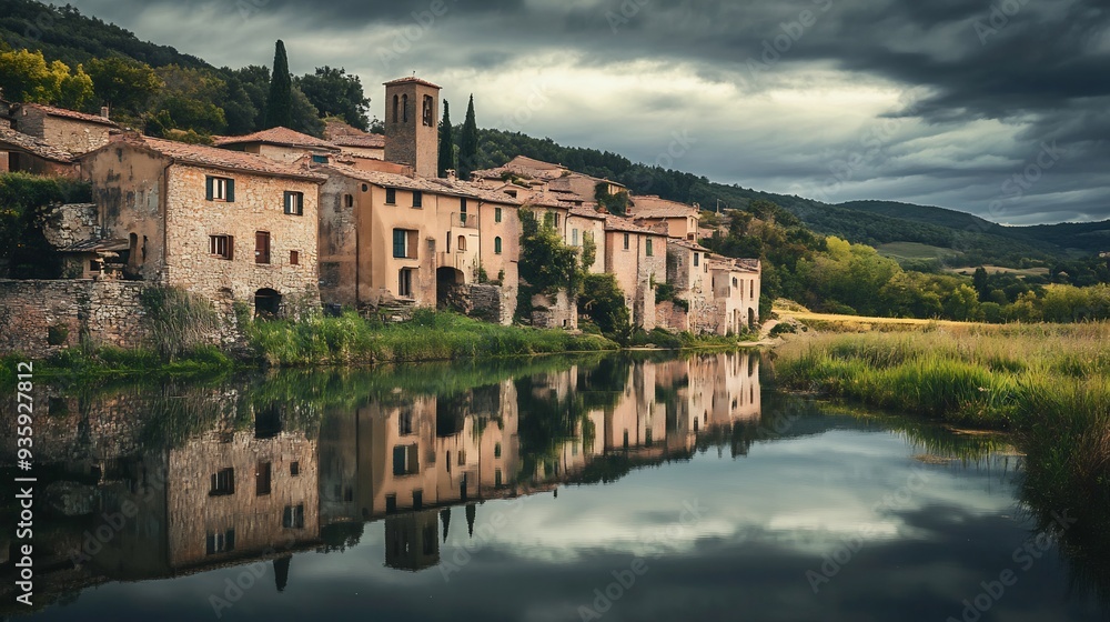 Reflective Italian Village with Stormy Sky Reflective Italian Village with Stormy Sky