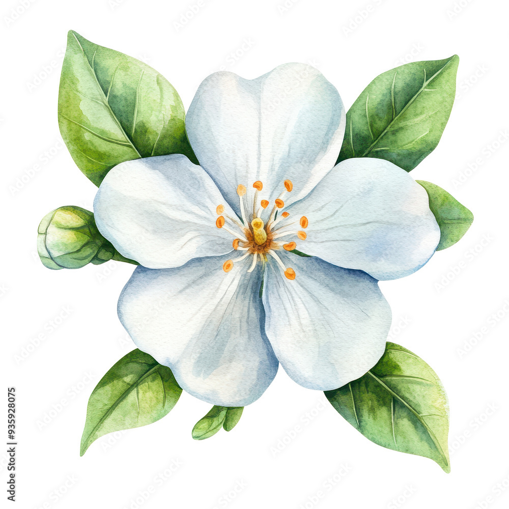 Fototapeta premium A delicate watercolor illustration of a white flower with green leaves, perfect for nature-themed designs and floral decorations.