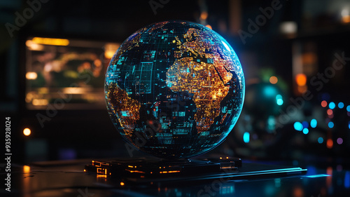 A mesmerizing illuminated globe showcasing city lights and data patterns in a high-tech workspace at dusk