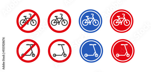 Red circle prohibited bicycle and kick scooter icon set. Traffic warning sign. Flat vector illustration isolated.