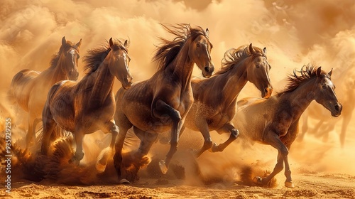 Horse Herd. Beautiful horse kicking up dust while running through desert