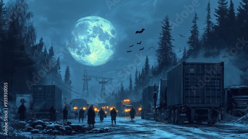 Truck drivers walking on road near logistics hub during blue moon