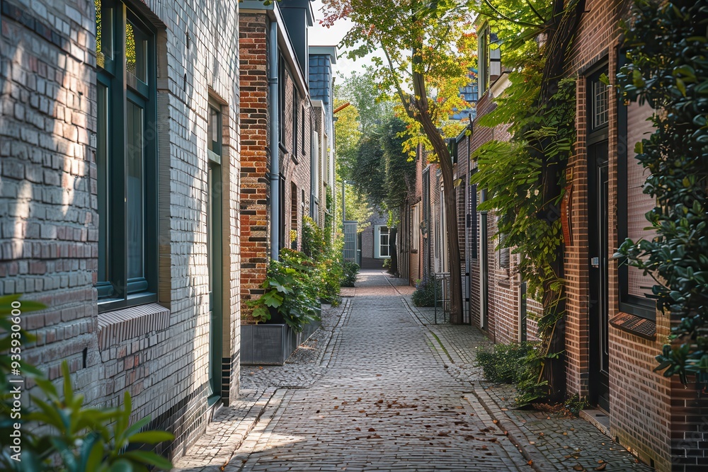 Narrow Space: Beautiful Design Between Two White Brick Houses with Light and Trees Background Narrow Space: Beautiful Design Between Two White Brick Houses with Light and Trees Background