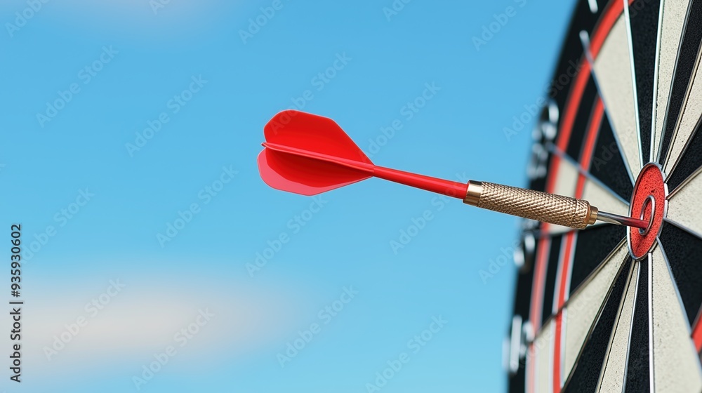 A single red dart firmly lodged in the bullseye of a dartboard, capturing the essence of focus and accomplishment. Suitable for illustrating themes of precision and successful outcomes. A single red dart firmly lodged in the bullseye of a dartboard, capturing the essence of focus and accomplishment. Suitable for illustrating themes of precision and successful outcomes.