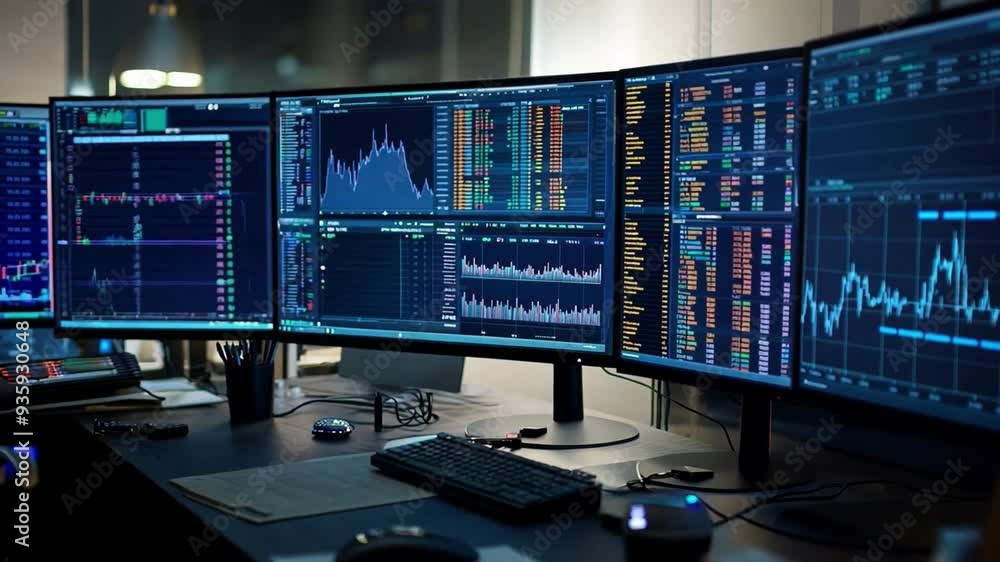 A trading setup featuring multiple monitors showcasing financial graphs, market statistics, and real-time stock information in an office space. A trading setup featuring multiple monitors showcasing financial graphs, market statistics, and real-time stock information in an office space.