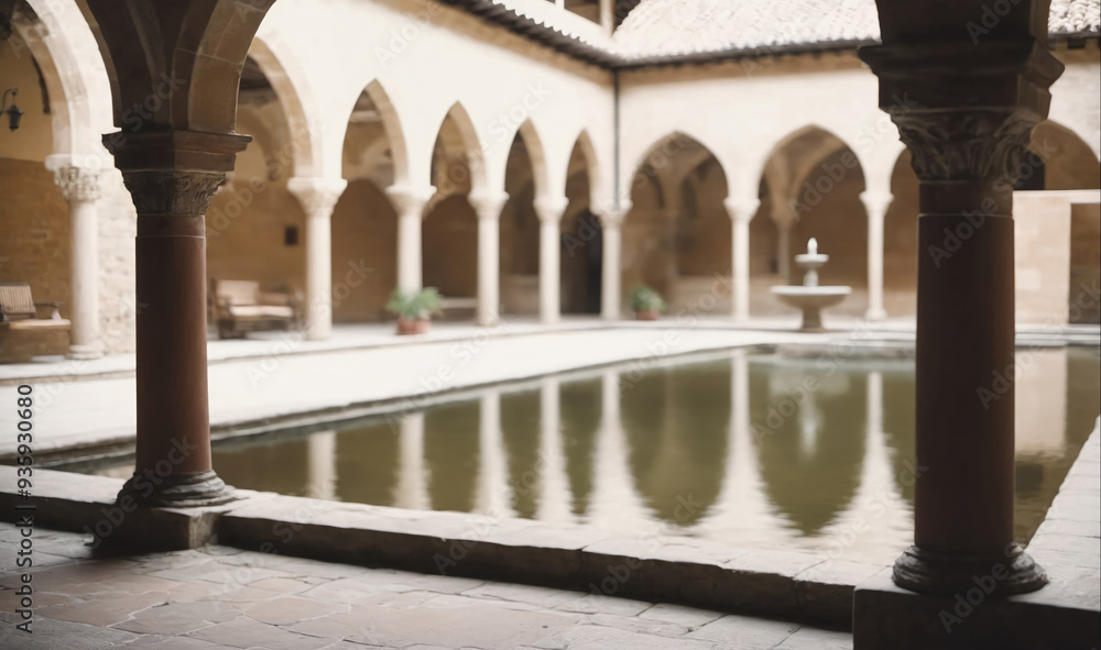 Obraz premium A view from an arched doorway of a courtyard with a reflecting pool and fountain in the center