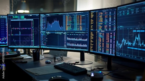 Wallpaper Mural A trading setup featuring multiple monitors showcasing financial graphs, market statistics, and real-time stock information in an office space. Torontodigital.ca