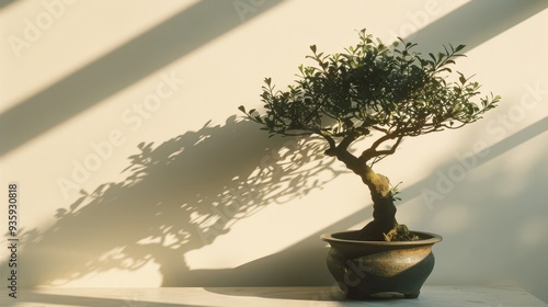 A bonsai tree basks in warm sunlight, casting intricate shadows on a minimalist backdrop, evoking serenity and the art of nature.