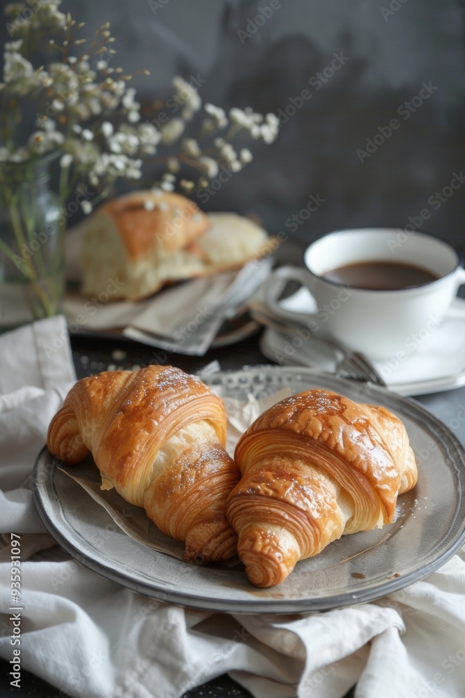 Freshly baked croissants on a rustic plate with coffee and delicate flowers in a cozy setting Freshly baked croissants on a rustic plate with coffee and delicate flowers in a cozy setting