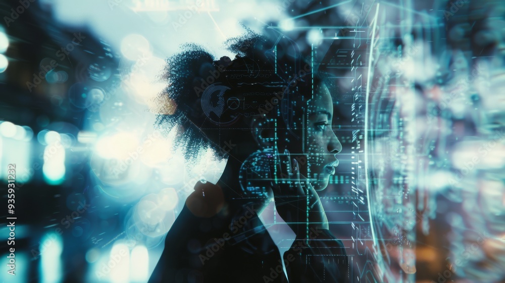 A dynamic double exposure image of a person’s profile merged with glowing high-tech graphics and data streams, illustrating the fusion of human and technology.