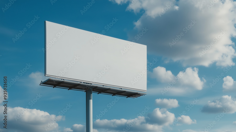 Blank white billboard mockup against blue clear sky with white clouds Blank white billboard mockup against blue clear sky with white clouds