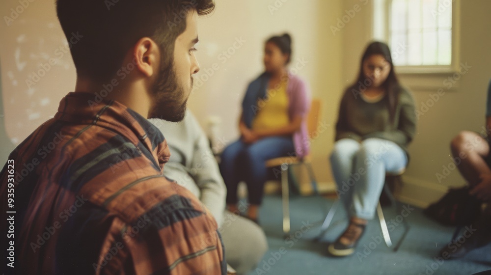 A man with a trimmed beard sits attentively during a group discussion in a bright, casual setting. A man with a trimmed beard sits attentively during a group discussion in a bright, casual setting.
