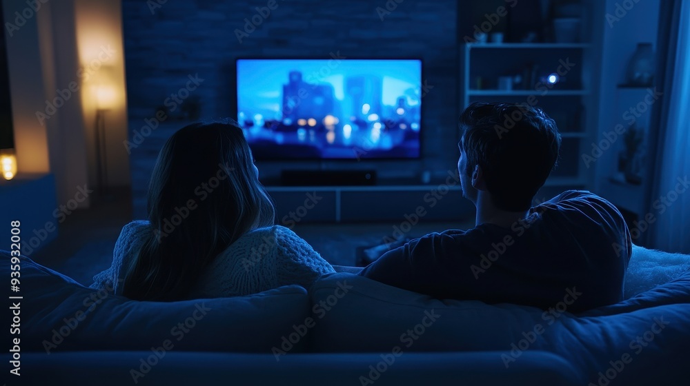 The couple sits closely on the couch, captivated by a movie playing on the television while surrounded by a darkened living room The couple sits closely on the couch, captivated by a movie playing on the television while surrounded by a darkened living room