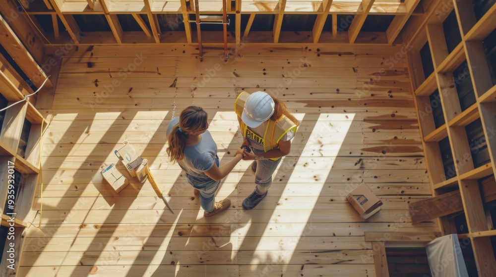 A high-angle view of two builders inside a wooden house frame discussing the project details under streams of sunlight.