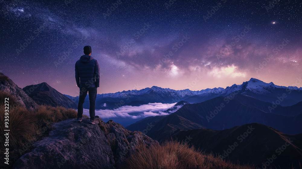 person in the mountains looking up to the starry sky person in the mountains looking up to the starry sky