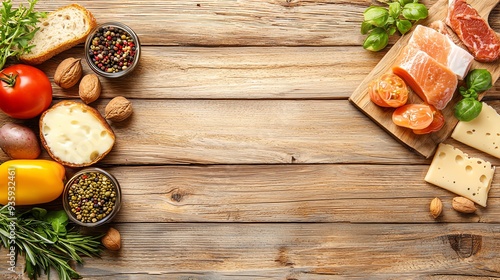 Fresh ingredients arranged on a wooden table, featuring vegetables, meats, nuts, and herbs, perfect for a culinary backdrop. eating healthy concept.