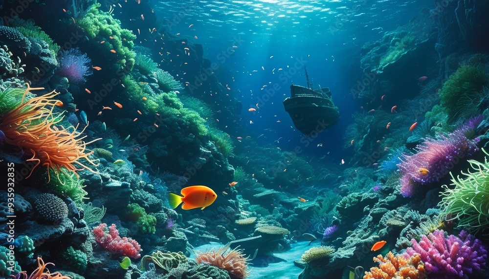 Naklejka premium Underwater scene wallpaper with a large, sunken flotsam in the background