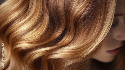 Wavy golden hair flows beautifully over a shoulder, illuminated by soft natural light, highlighting its texture and shine. photo