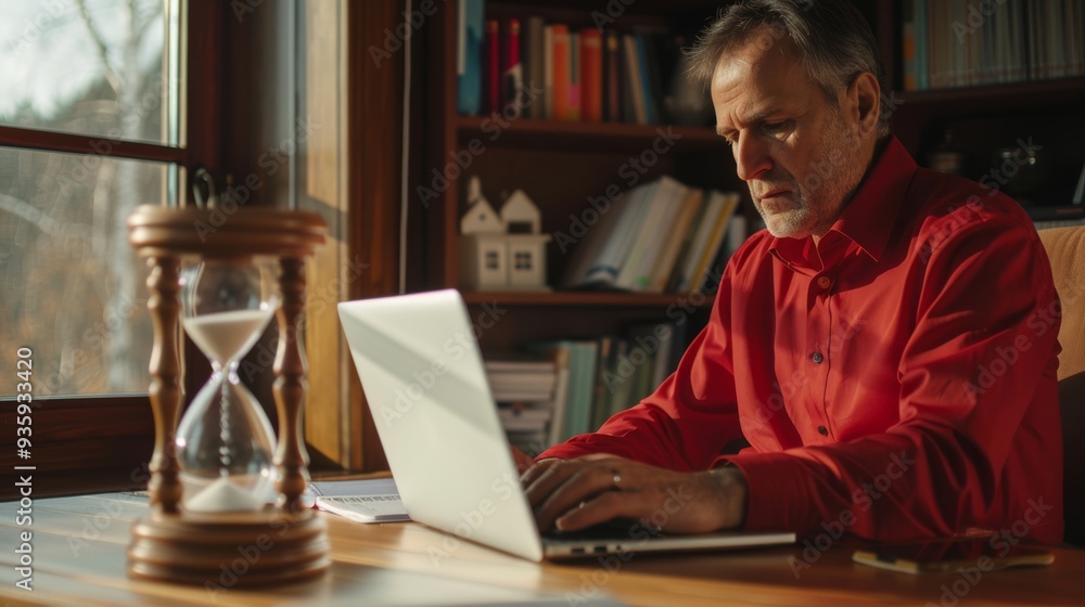 An older man in a red shirt intensely works on his laptop in a cozy, book-filled home office with an hourglass on the desk. An older man in a red shirt intensely works on his laptop in a cozy, book-filled home office with an hourglass on the desk.